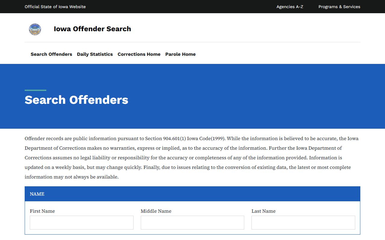 Adair County inmate records Iowa DOC offender search fields